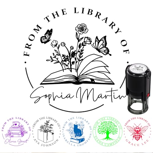 Personalized Book Stamp - Custom Library Stamper - Custom Stamps Self Inking - Perfect Gifts for Book Lovers Friends Teachers Bibliophiles - 4 Sizes - 5 Ink Color Options (Library)