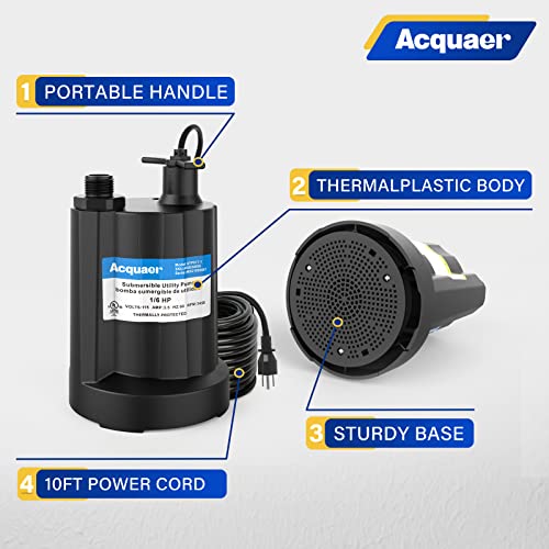 Image of Submersible Water Pump 1 /6 HP Sump Pump Thermoplastic Utility Pump Small Electric Water Pump 1750GPH Water Remove for Basement Hot Tubs Garden Pool Cover Draining with 10 ft Cord | Thermoplastic Utility Pump Electric Water Pump Water Remove for Basement Hot Tubs Garden Pool Cover Draining with 10 ft Cord