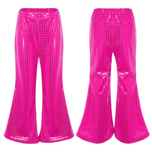 Kaerm Kids Girls Boys Wide Leg Bell-Bottoms Shiny Dance Pants Jazz Hip-Hop Street Dancing Clothes Flared Trousers Hot Pink 13-14 Years