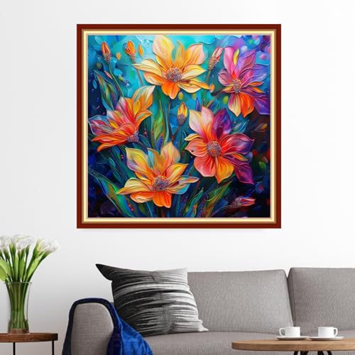 Image of Funxvoot Stamped Cross Stitch Kits for Beginners or Adults Embroidery Starter Patterns | DIY Printed Cross Stitch Kits Needlepoint for Adults 11CT-Colorful Floral Scenery 18x18 inch