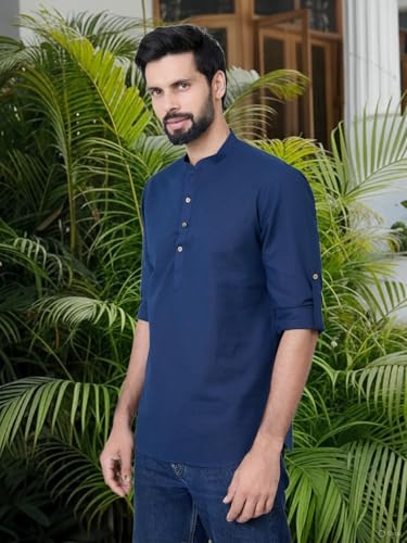 Image of See Designs Men's Roll-Up Sleeve Mandarin Collar Deluxe Cotton Solid Short Kurta (Pack of 2) - Festive Collection