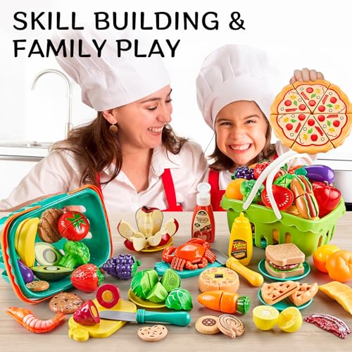 85-teiliges Spielzeug-Lebensmittelset, zum Schneiden von Spielzeug-Lebensmitteln mit 2 Körben, Spielküchen-Zubehör mit Pizza, Gemüse, Obst und Dessert, Geschenk für Jungen und Mädchen. – Bild 5