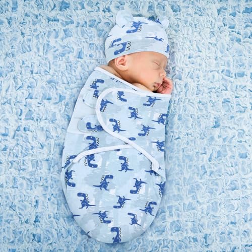Image of Cinaci 2 Pack Adjustable Soft Cotton Blend Newborn Baby Receiving Swaddle Blankets Sleep Sacks with Nursery Hats Caps Beanies Bonnets for Baby Girls Boys Newborns Infants