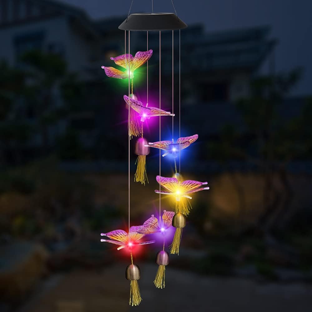 Epicgadget Solar Mobile Light Hanging Wind Chime with Bells, Color Changing Outdoor Solar Garden Decorative Lights for Walkway Pathway Backyard Christmas Decoration Parties (Purple Wing Butterfly)