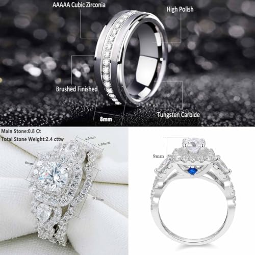 Newshe Jewellery Wedding Ring Sets for Him and Her Sterling Silver Promise Rings for Couples Women Mens Band Size 5-132
