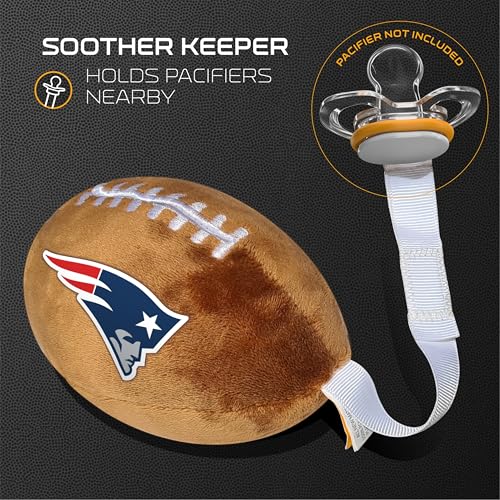 Image of New England Patriots Plush Football Pacifier Holder by Smilo - Officially Licensed NFL Soother Holder - Soft Plush Toy and Dummy Holder - Fits Any Pacifier - Stroller Accessory & Newborn Essential
