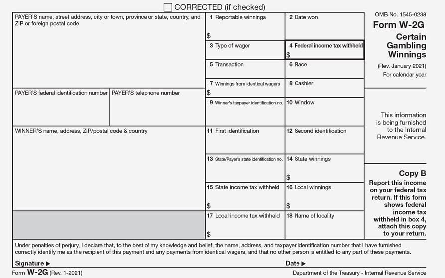 IRS Approved W-2G Copy B Tax Form, 100 Recipients