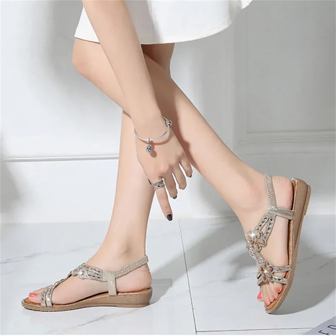 Sandalias de gladiador con banda elástica para mujer, correa delantera y trasera, tacón de cuña, parte superior de poliuretano, bohemio, floral, casual