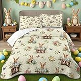 NIDITW 3-Piece Easter Quilt Set King Size Rabbit Easter Egg Butterfly Rose Bedspread with 2 Pillow Shams Soft Lightweight Microfiber Bedding Set Coverlet Bedroom Decor Gift for Daughter (Beige, King)