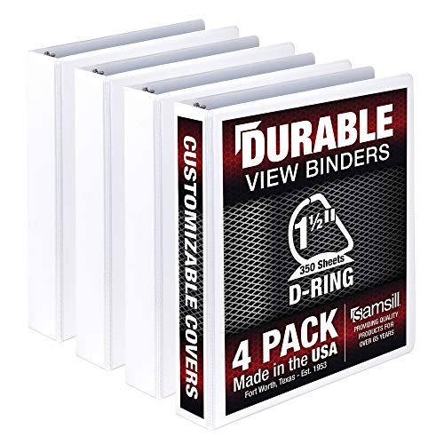 Samsill Durable 1.5 Inch Binder White D Ring/Customizable Clear View Binder/Bulk Binder 4 Pack/White 3 Ring Binder / 1.5 Inch Binder