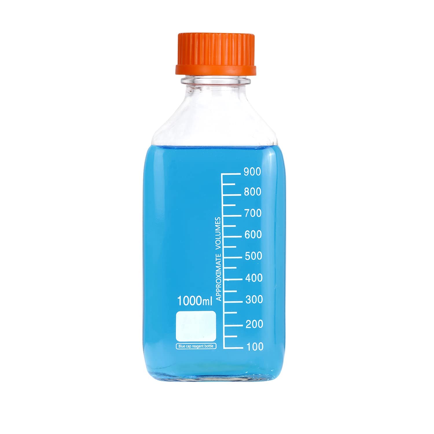 Paquete de 4 botellas de vidrio graduadas de 1000 ml de reactivo cuadrados/almacenamiento con tapón de rosca de polipropileno naranja GL45