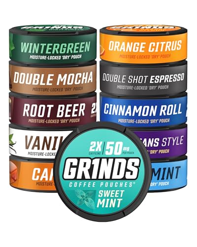 Image of Grinds Coffee Pouches | All-in-One 11 Can Variety Pack |Wintergreen, Double Mocha, Root Beer, Sweet Mint, Vanilla, Caramel, Orange Citrus, Espresso Double Shot, Cinnamon Roll, New Orleans, & Spearmint