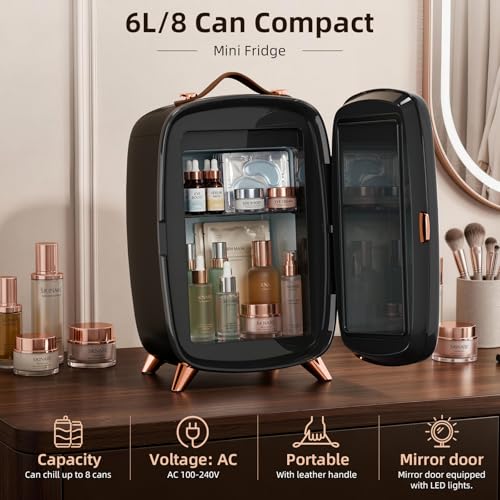 Image of Antarctic Star 6L /8 Cans Makeup Mini Refrigerator with Dimmable LED Light Mirror for Bedroom, Car, Office & Dorm,Portable Small Cooler for Cosmetics,Skin Care,BLACK