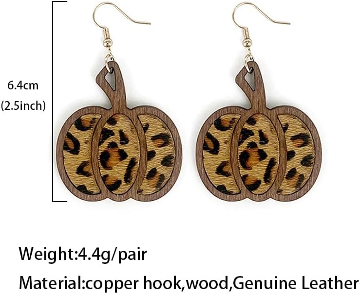 Halloween Pumpkin Wooden Dangle Earrings Handmade Lightweight Leopard Cow Print Leather Dangle Earrings for Women Glitter Thanksgiving Fall Drop Earrings Holiday Jewelry - Image 2