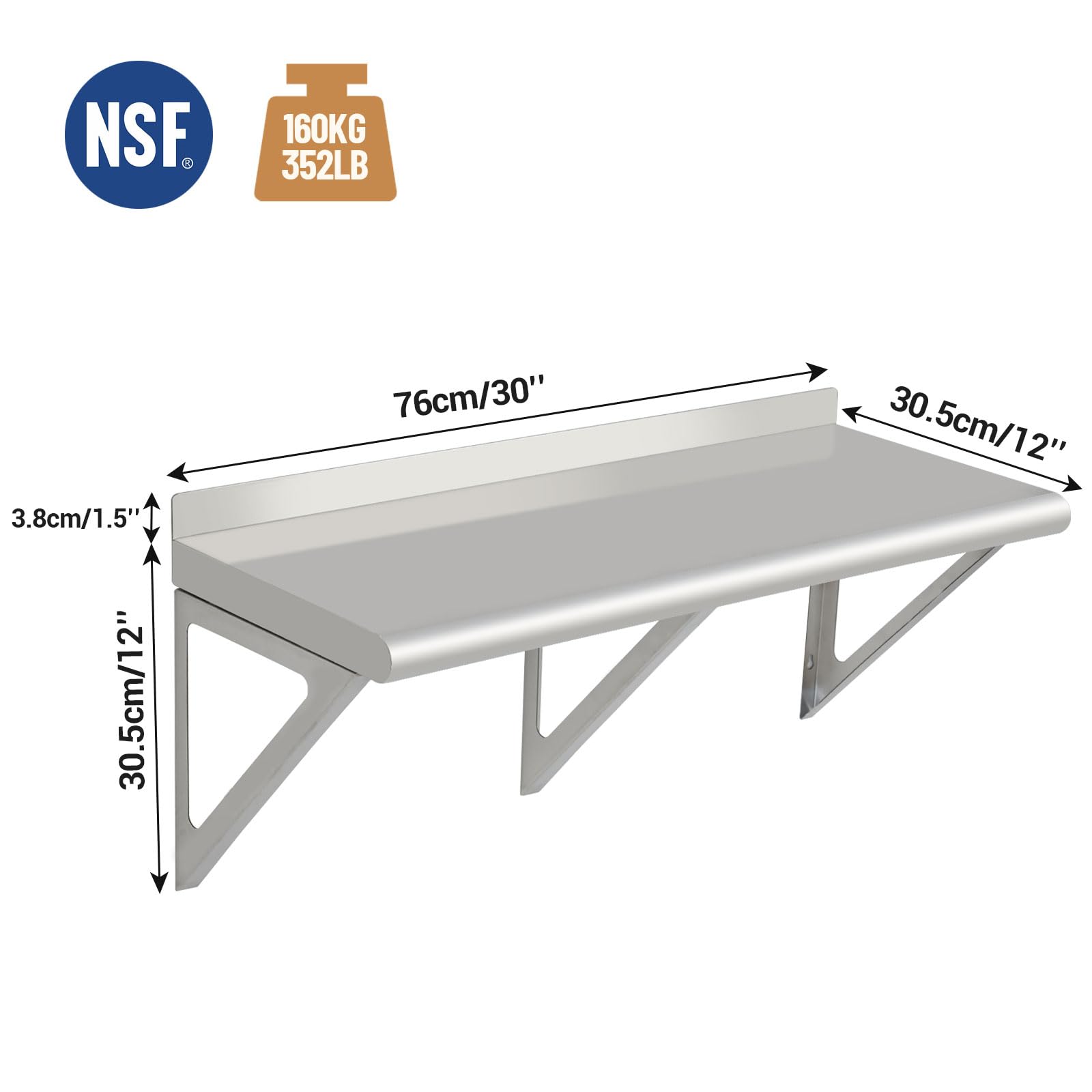 Acekool Étagère Murale INOX Commerciale Robuste avec dosseret – Console Triangulaire – Rangement Cuisine Pro – Bord Arrondi – Argent, Arc Edge, 30×12×12 inch