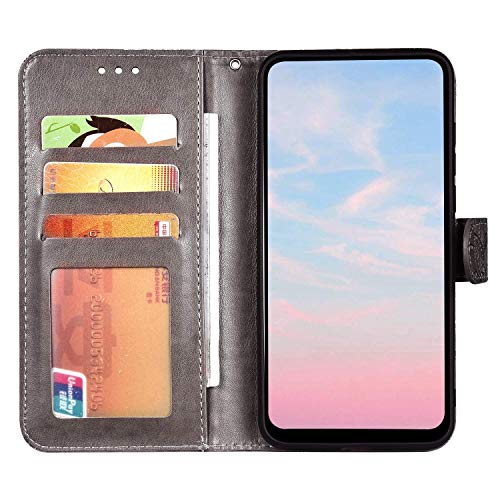 Ikasefu Compatible With Xiaomi Redmi Note 9 Pro/Note 9 Pro Max/Note 9S Case Emboss Lace Flower Pu Leather Wallet Strap Case With Card Holder Slots Magnetic Stand Folio Flip Book Protective Cover Gray #TOP2