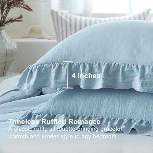 Image of Blue Ruffle Comforter Set Queen, Pre-Washed Shabby Chic Bedding Set, Lightweight Cottagecore Soft Romantic Cozy 1 Comforter & 2 Shams, All-Season