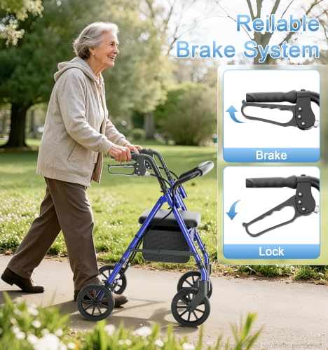 Image of HOMLAND Foldable Walkers for Seniors with Seat, 16lb Light Rollator Walkers | 22 inch Wide, 5-Level Height Adjustable, for Narrow Spaces, Comfortable Elastic Seat, Portable Rollator, Stylish Colors, Blue