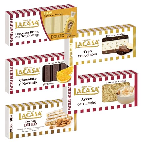Pack Surtido 5 Turrones Lacasa:Arroz con Leche, Blanco con Tequi Mango, Chocolate y Naranja, Tres Chocolates, Duro