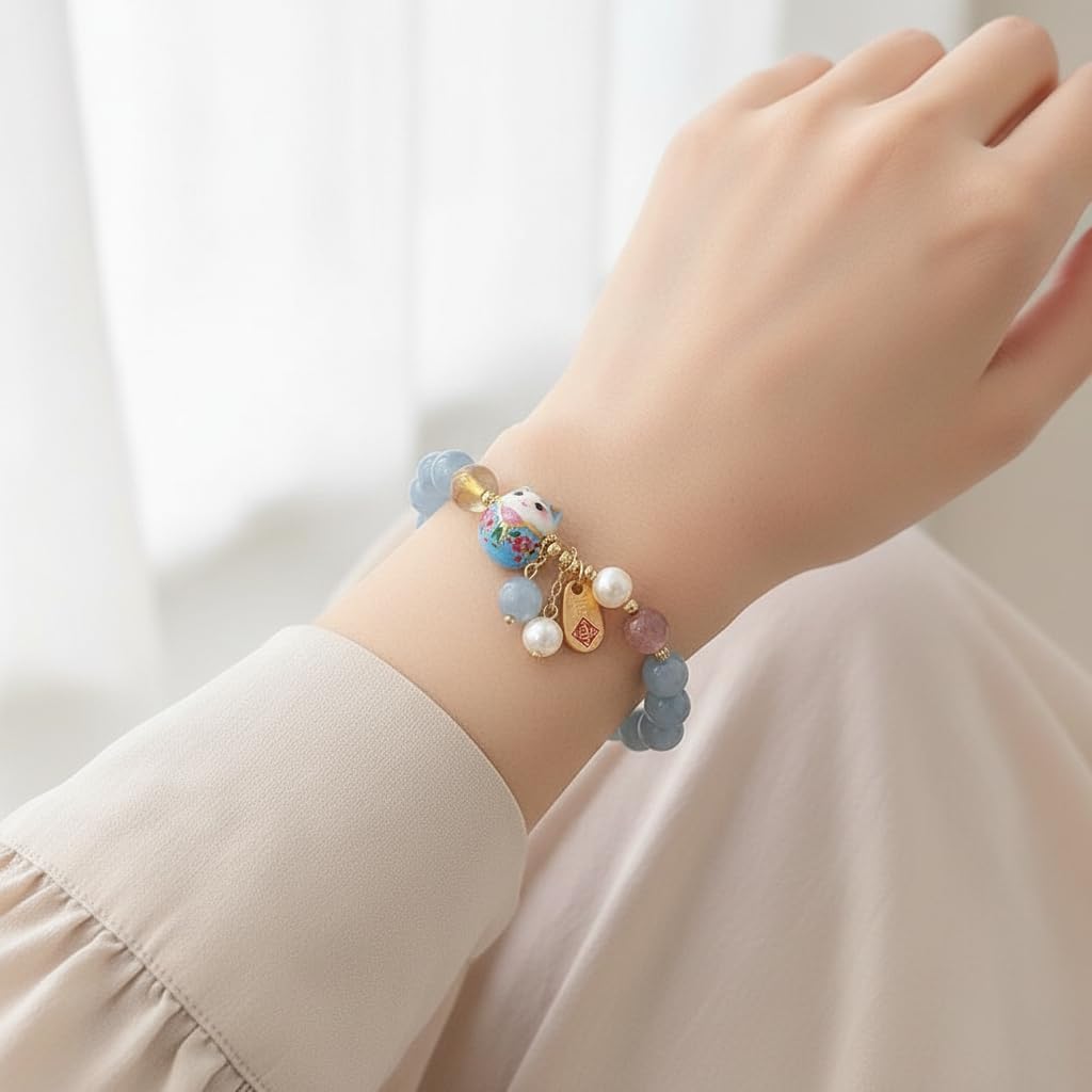 Lucky Cat Bracelet for Women, Feng Shui Wealth Protection Bracelet with Blue Crystal & Ceramic Cat Charm, Adjustable Maneki Neko Good Luck Jewelry Gift - Image 7