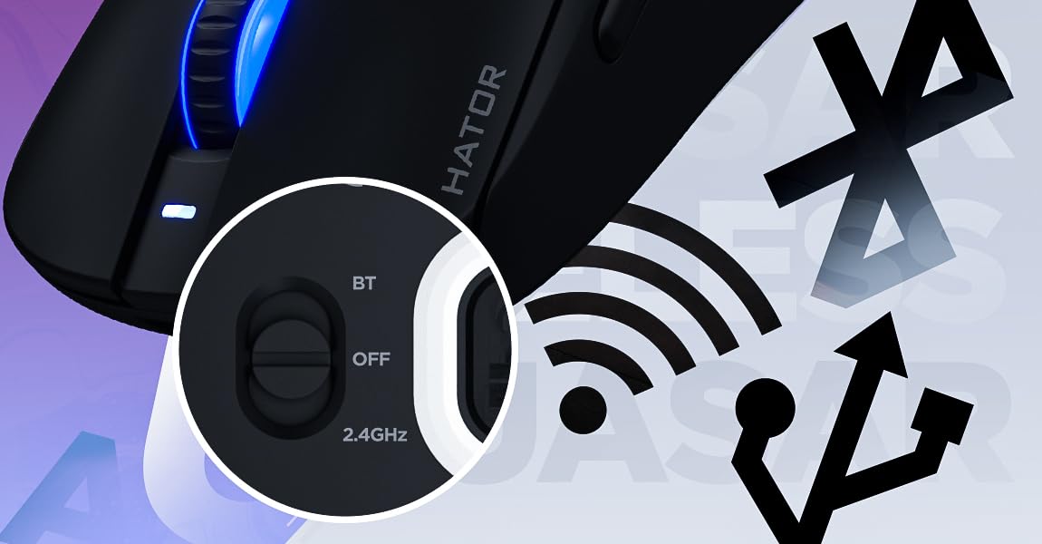 HATOR Quasar 3 Wireless Ratón Gaming inalámbrico, 64g Ultraligero, PixArt PMW3311, 12000 dpi, Optical Switches 100M, RGB, 1000Hz, 2.4GHz/Bluetooth 5.4/USB-C, PTFE Feet, 600mAh, 100h, PC/Mac (Blanco)