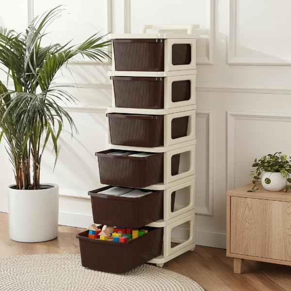 Image of KITCHIVO Heavy Duty Plastic Storage Drawer with Wheels | Modular Cabinet for Bedroom, Office, Home or Classroom| Chest of Drawers Organiser for Cosmetics, Kitchen items, Toys (Brown, 6)