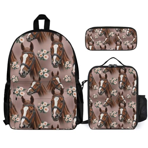 AMRANDOM Backpacks for Unisex Bookbags Lightweight Cute Two Horses Backpack Set with Lunch Bag Makeup Bags