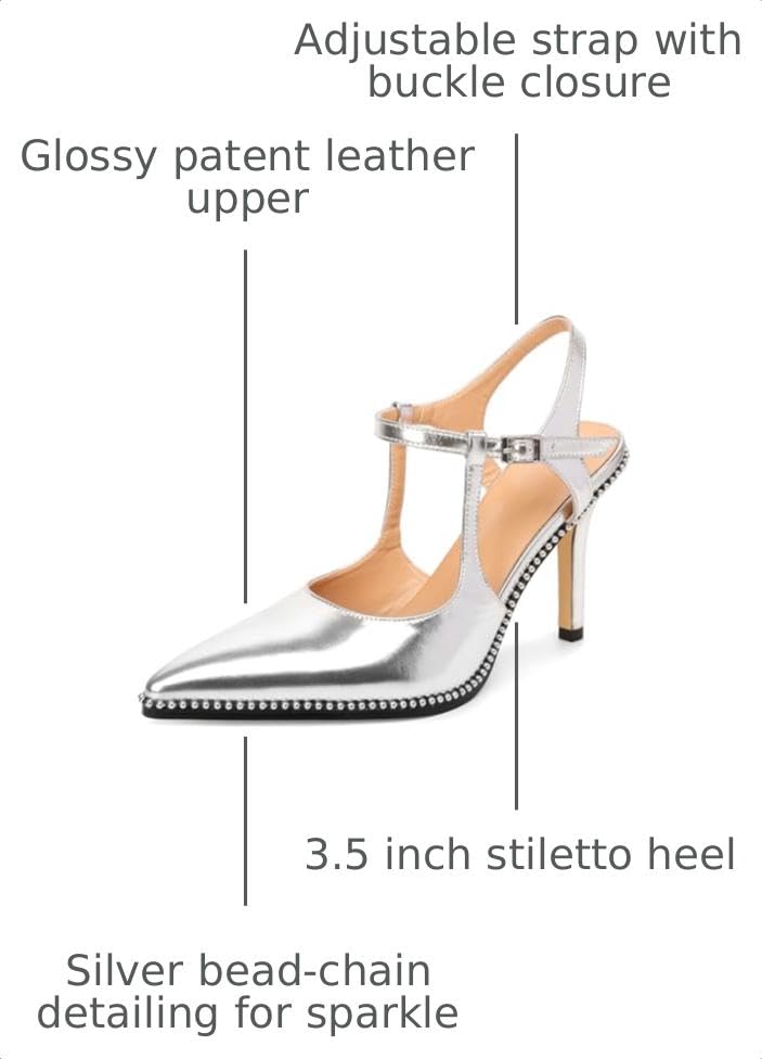 Image of SAMMITOP Womens High Heels Ankle Strap Pointed Toe Stilettos Patent Leather Beaded Pumps Dress Shoes 3.5 Inch