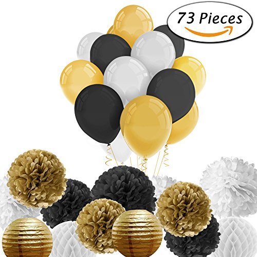 PAXCOO 73 Pcs Black and Gold Party Decorations with Balloons Paper Lanterns and Paper Pom Poms for Happy New Year Party New Year's Eve Party 20st, 30th, 40th, 50th, 60th, 70th,75th, 80th Birthday