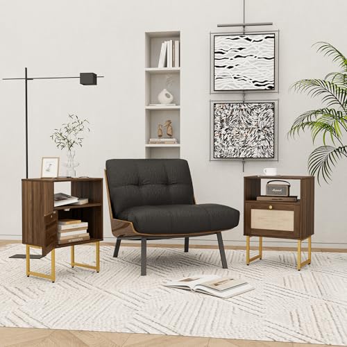Image of JOONEE Rattan Nightstand,Farmhouse Bedside Table with Storage Drawer and Open Shelf,Modern Boho Small Gold Frame Side End Table for Bedroom,Living Room,Office(Walnut Brown)