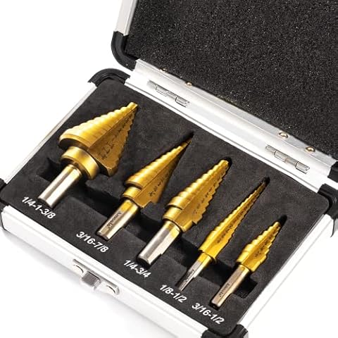 amoolo Titanium Step Drill Bit Set (5Pcs), Total 50 Sizes High Speed Steel (HSS) Unibit with Double Flute Cutting Blades for Soft Metal Sheet, Wood, Plastic, Multiple Hole Drilling Cone Bit Set Cover