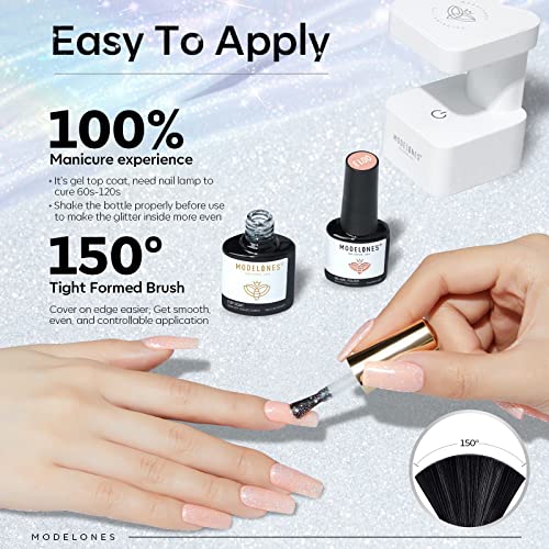 Modelones MO-GP027 Glitter Gel Top Coat, Iridescent Silver Mix Glitter Gel Polish No Wipe Top Coat Glossy Sparkly Finish Long Lasting Soak Off Rainbow Shimmer Glitter Gel Nail Polish Nail Art Gift thumb #5