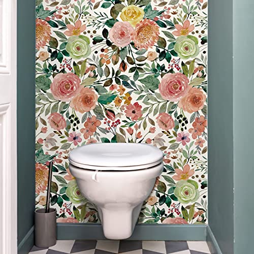 Jiffdiff 393.7" X 17.7" Floral Peel And Stick Wallpaper Floral Wallpaper For Bedroom Living Room Kitchen Cabinets Furniture Multicolor Camellia On Background Decorative, Covering 48.4 Sq.ft #TOP6