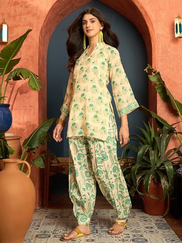 Image of EthnicJunction Women's Linen Floral Print Summer Wear Straight Short Kurti with Afghani Pant Set | Co Ord Set for Women Stylish | Fusion wear Women