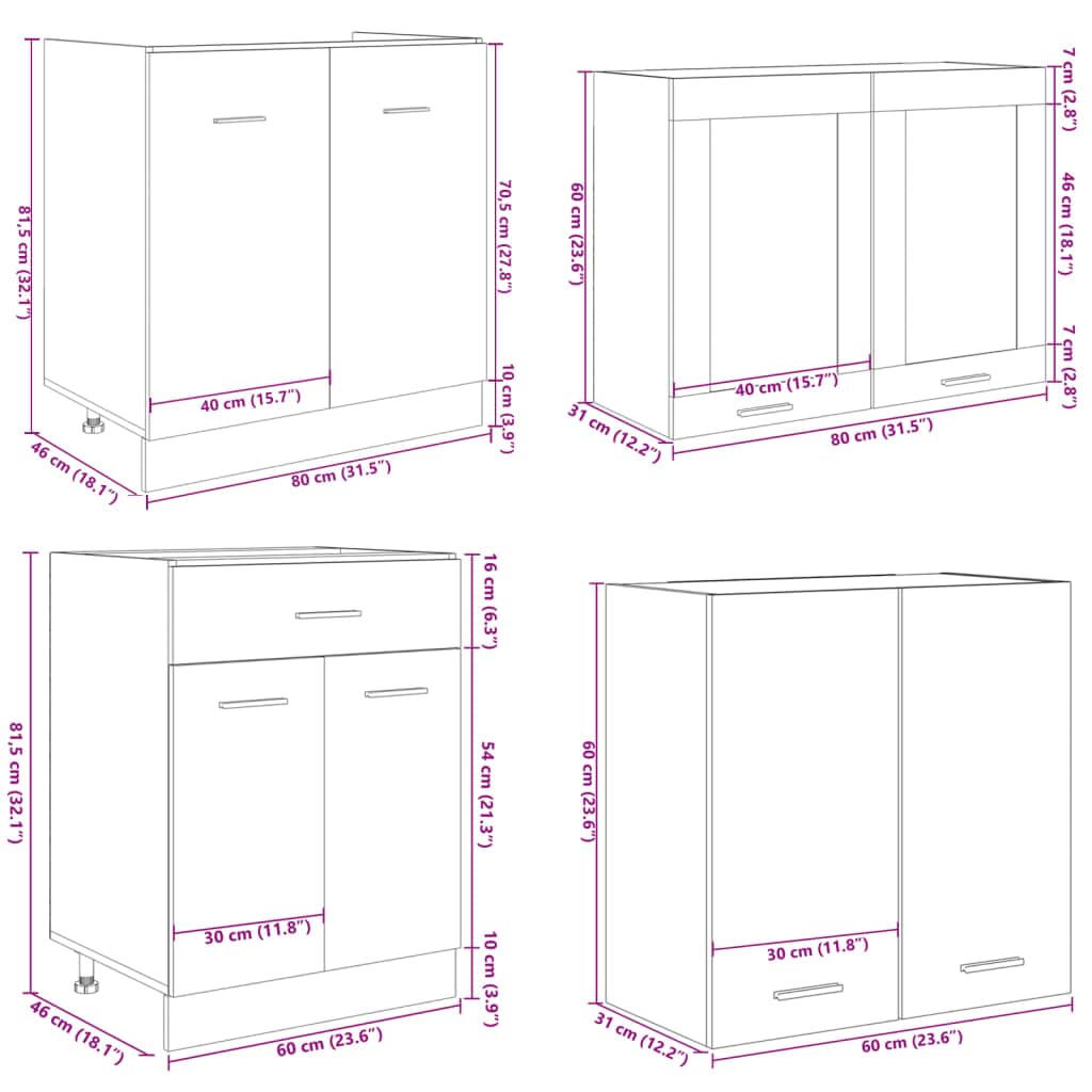IKAYAA Mueble de Cocina 4 Piezas Completas con Módulos, Armario Inferior y Colgante Blanco con Brillo, Fregadero