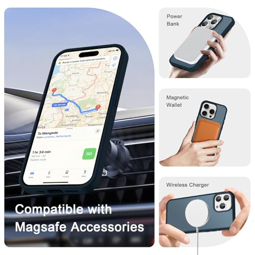 Image of YENAPOON for iPhone 15 Pro Case, Matte Magnetic Phone Cover [with 1 Screen Protector] [Support for MagSafe] [Shockproof Military Grade Protection] Translucent Frosted Back, Navy Blue
