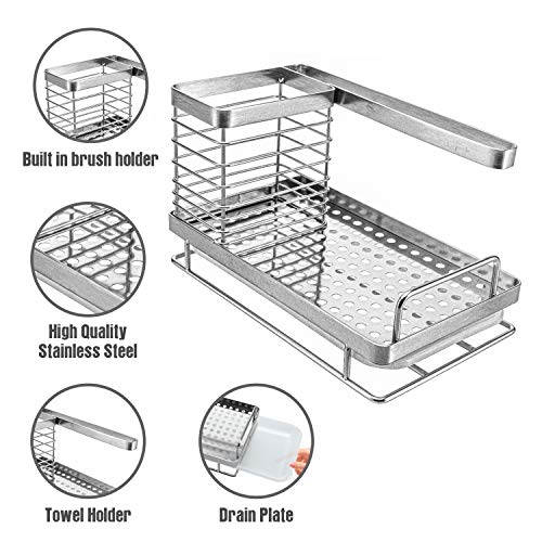 EZ Breezy Home Stainless Steel Sink Caddy Dish Wand Holder Sink Organizer for Storage of Sponges, Dish Wands, Small Towels, Soap and More. Modern Clean Design