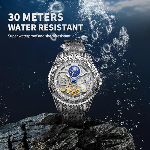 Image of Gute Men's Watch Retro Mechanical Skeleton Watch with Carved Automatic Tourbillon, Moon Phase, Independent Seconds, and Big Dial Design - Self-Wind Automatic Wrist Watches