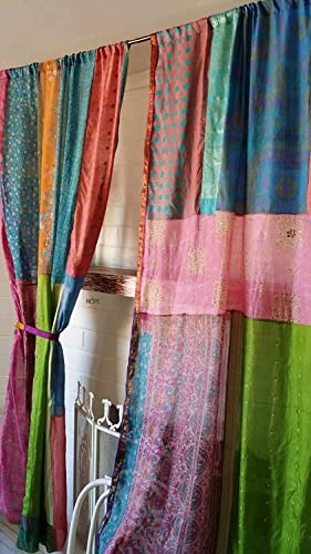 Generic ECH-93 Ethiniccrafthub® 1 Pair Of Indian Vintage Silk Blend Sari Multi Color (Assorted Color) Handmade Patchwork Curtains Drapes Home Decor Curtain/Panels thumb #4