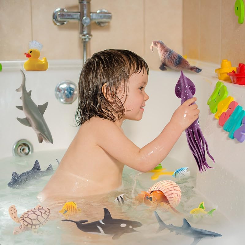 Miniatura 4 de Juego de 39 piezas de juguetes de animales marinos grandes, modelo de peces de goma suave, tortuga, pulpo, ballena, juguete para niños de 3 años en