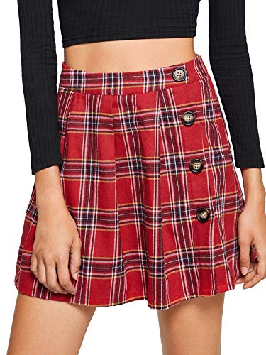 WDIRARA Women's Casual Plaid High Waist Pleated A-Line Mini Skirt Red M