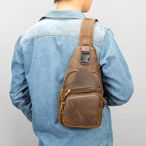 Image of NIUCUNZH Genuine Leather Sling Bag Front Metal-Latch Crossbody Bags Handmade Vintage Chest Shoulder Backpack for Women Men