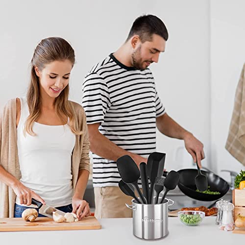 Image of Baskety Silicone Non-Stick Heat Resistant Multi-Purpose Kitchen Tools | Set of 2 Black | Spatula Spoon Big 28cm + Spatula Small 20.6cm for Cooking & Baking