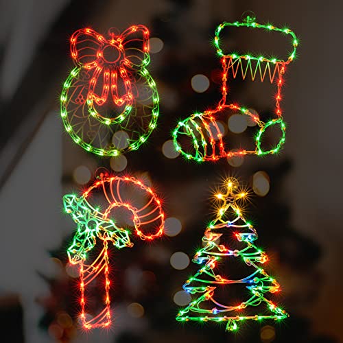 LAMPHOME Christmas Window Silhouette Lights, 4 Pack Lighted 16'' Wire Window Decoration LED Lights Set, Extra Length 6.6FT Wire, UL Listed, Candy Cane, Wreath, Stocking, Christmas Tree LAMPHOME Christmas Window Silhouette Lights, 4 Pack Lighted 16'' Wire Window Decoration LED Lights Set, Extra Length 6.6FT Wire, UL Listed, Candy Cane, Wreath, Stocking, Christmas Tree