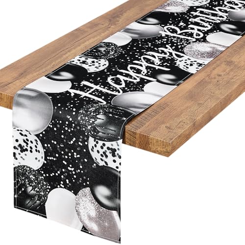 Image of Letjolt Silvery Black Balloon Happy Birthday Table Runner 72 Inches | Linen-Like Fabric, Celebrate Birthday Party Table Decor