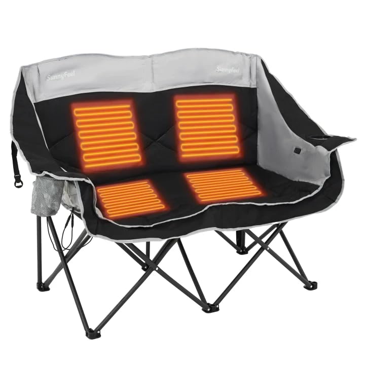 SUNNYFEEL Heated Double Camping Chairs Padded Loveseat Chair for 2 Person Heavy Duty Oversized Camping Couch 600lbs for Adults Portable Outdoor Lawn Chair with Cup Holder for Outdoor Patio RV Camping