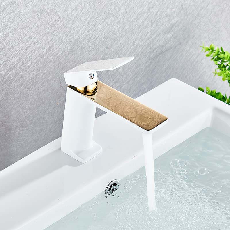 Robinet mitigeur lavabo blanc et or pour vasque de salle de bain monotrou