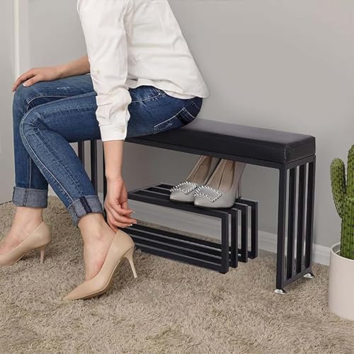Banc de rangement chaussure 80cm rembourré en cuir PU noir et métal - 3