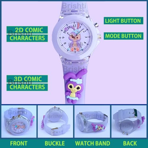 Image of Brishti 3D Cartoon Character Multicolored Glowing Digital Light and Girl's Analogue Wrist Watch | Unique 3D Cute Cartoon Character on Strap | Soft Silicone Strap | Suitable for Age 3-12 Year Kids