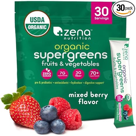 Zena Nutrition Organic Super Greens Powder, 70+ Superfoods, 0 Sugar, 3G Fiber, Spirulina, Chlorella, Antioxidants, Prebiotics/Probiotics, Digestive Enzymes, Mixed Berry, 30 Drink Mix Packets